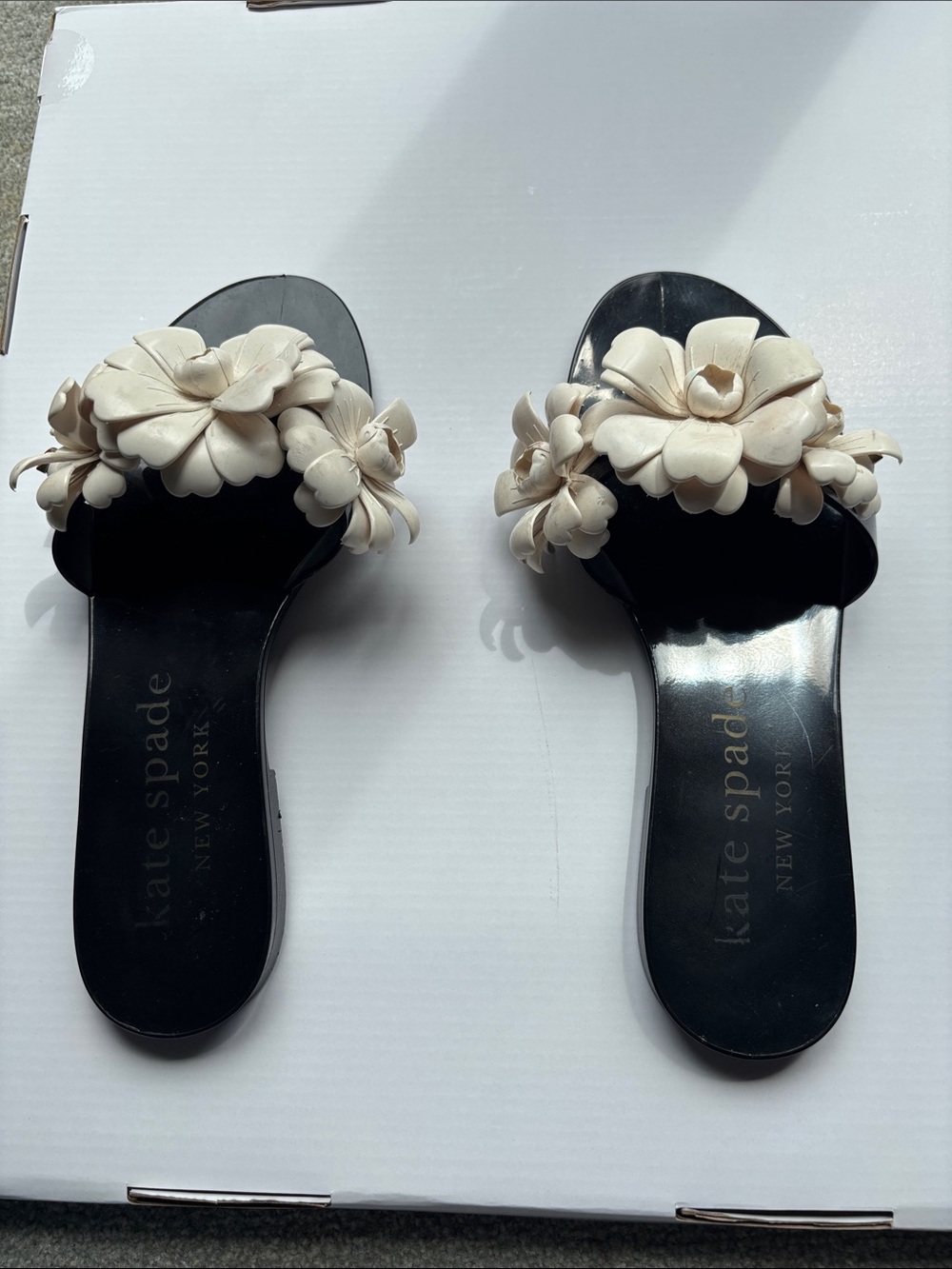 kate spade Black Slide Sandals with Cream Floral Detail